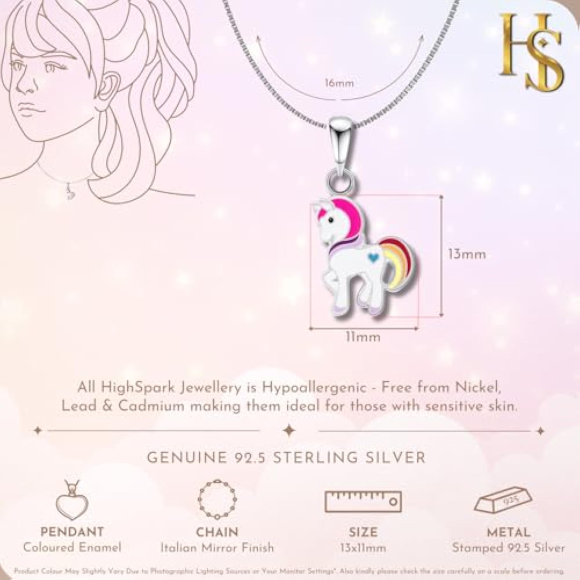 925 Silver Cute Enamel Blue Heart Unicorn Pendant & Chain