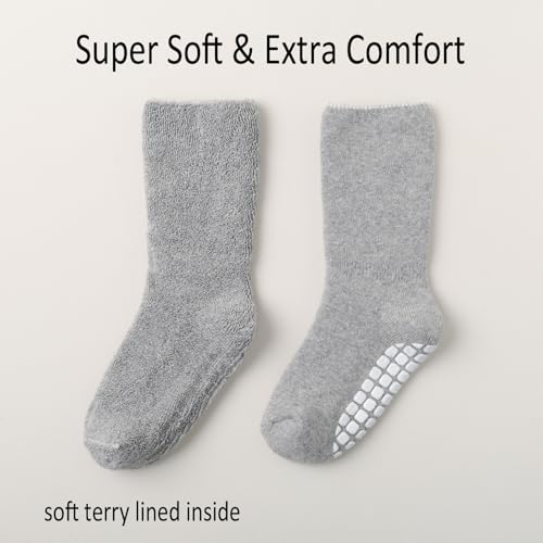 EPEIUS Toddler Thick Warm Cotton Crew Socks with Grips - Non-slip Turn Cuff Socks 6 Pack4