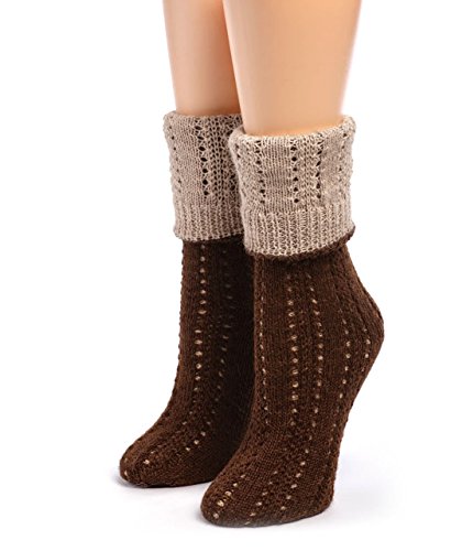 Warrior Alpaca Socks - Women's Reversible Hand Knit 100% Alpaca Wool Socks - Crew Height (Medium, Dark Brown/Quinoa)
