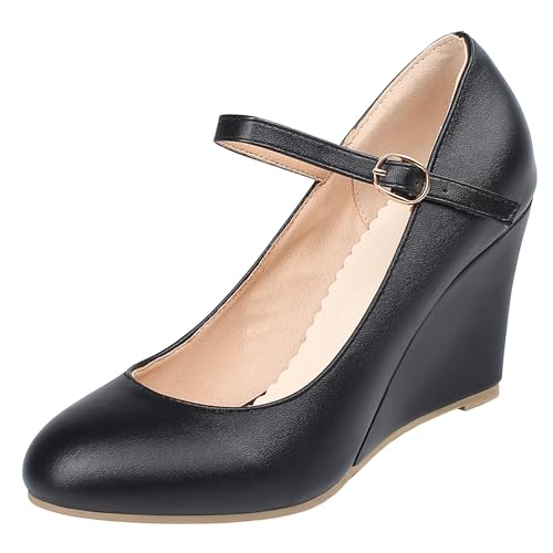 Trendenzy Womens Wedge Ankle Strap Pumps Mary Jane Round Toe High Heel Shoes