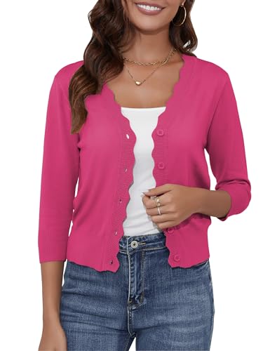 Image of Women's Cropped Cardigans 3 /4 Sleeve Button Down Lightweight Cardigan Sweaters Scalloped Edged Bolero Shrugs