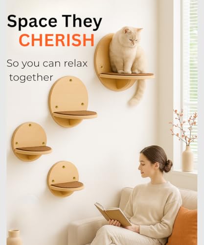 Set de 4 repisas redondas de pared para gatos en madera natural miniatura 3