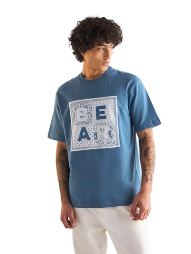 Image of THE BEAR HOUSE Men's Oversize Fit Blue Cotton Printed Polo