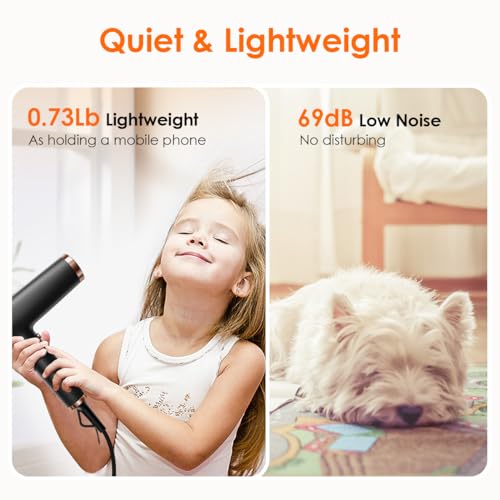 Lightweight High-Speed Hair Dryer with Ionic Technology for Fast Drying - Low Noise and 3 Magnetic Nozzles for Men and Women