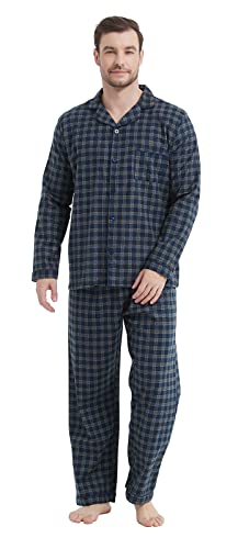 CHUNG Men Flannel Pajamas Set 100% Cotton Brushed Pjs Classic Plaid Long Sleeve Tops Pants Warm Sleepwear loungewear