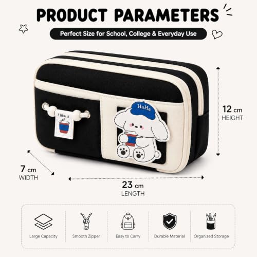 Image of FINEMOE Kawaii Pencil Pouch for Girls & Boys, Cute Black Pencil Pouch for School, 10 Layer Large Capacity Aesthetic Stationery with Zipper, Pencil Case for Kids, Return Gifts (Black)