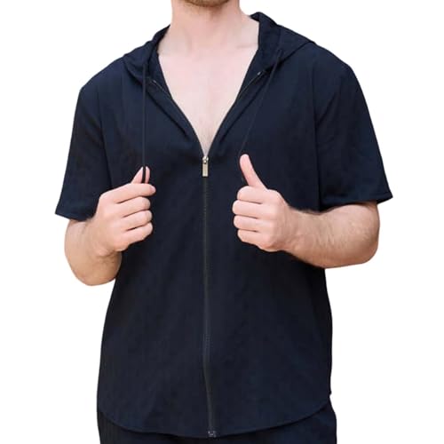 Camisa de verano para hombre de manga corta con capucha, monocolor, jacquard, camisa informal con cremalleras, algodón, cómoda camisa de manga corta, Urlab, informal, holgada, camisa hawaiana, Negro