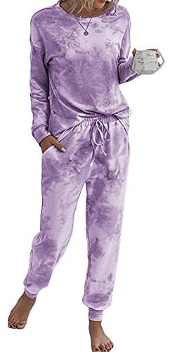 Lveberw Tie Dye Pajamas Sets 2 Piece Womens Lounge Set, Joggers Loungewear, Sleepwear, Pjs, Long Sleeve Sweatshirt and Pants(Purple, M)