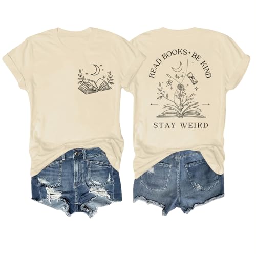 Zoemghc Book Shirts for Women Read Books Be Kind Stay Weird Tshirt Book Lovers Bookish Gifts Reading Shirt Bookworm Tee Tops(Apricot,L)