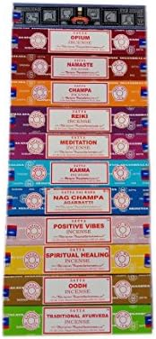 Satya Incense Set 12 x 15gram Includes: Nag, Super Hit, Oodh, Positive Vibes, Namaste, Champa, Opium, Reiki, Spiritual Healing, Karma, Traditional Ayurveda and Meditation, Wood, Multi, Packs