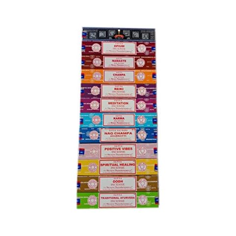 Satya Incense Set 12 x 15gram Includes: Nag, Super Hit, Oodh, Positive Vibes, Namaste, Champa, Opium, Reiki, Spiritual Healing, Karma, Traditional Ayurveda and Meditation, Wood, Multi, Packs Cover