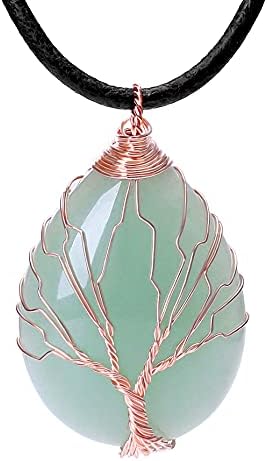 POTESSA Natural Green Aventurine Necklace Healing Crystal Pendant Choker Necklace with Black Leather Rope