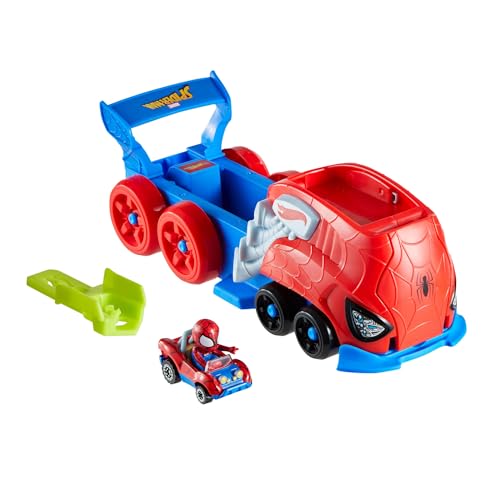 Hot Wheels RacerVerse Lanzador de Personajes Conjunto de Pista y Coche de Juguete con un Lanzador, un vehículo Grande y un camión con un Coche de Juguete metálico (los Estilos Pueden Variar), JFV69