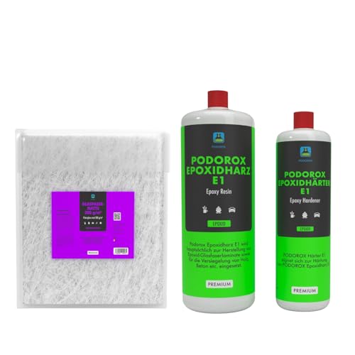 PODOROX E1 Epoxidharz Set mit Härter & Glasfasermatte | 1,5 kg Epoxidharz + 1 m² Glasfasermatte 300 g/m² | Reparatur & Laminier Set für GFK, Holz, Boote, Modellbau | Geruchsarm & Transparent PODOROX E1 Epoxidharz Set mit Härter & Glasfasermatte | 1,5 kg Epoxidharz + 1 m² Glasfasermatte 300 g/m² | Reparatur & Laminier Set für GFK, Holz, Boote, Modellbau | Geruchsarm & Transparent