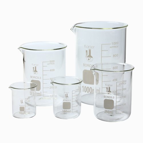 Karter Scientific, 3.3 Boro, Griffin Low Form, Glass Beaker Set - 6 Sizes - 10ml, 50ml, 100ml, 250ml, 500ml, 1000ml