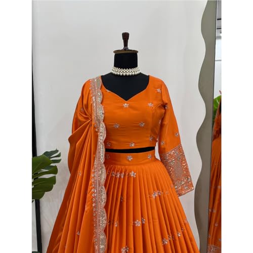 Image of Women's Satin Blend SF108549 Diwali Outfit Bridal Orange Indian Casual Wear Semi-stiched Lehngacholi