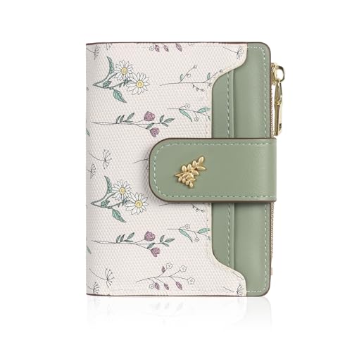Image of Winsegom Small Purse for Women, Credit Card Holder Wallet, Flower Ladies Wallet for Cards and Cash, Green PU Leather Purse with ID Window and Zipper Coin Pocket for Daily Use