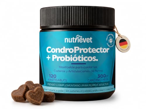 Condroprotector Perros con Probióticos, 120 Masticables Sabor Pollo, Glucosamina, Condroitina, MSM, Ácido Hialurónico, Colágeno Tipo II y Mejillón Verde para Cadera y Articulaciones. Nutrievet