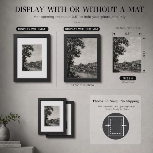 Image of VCK 9x12 Picture Frame with Real Glass, Black Wood Frame, 6x8 Mat, 2 Pack
