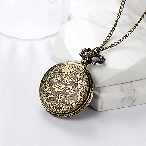 Image of JewelryWe Bronze Flower Pocket Watch: Retro Vintage Pendant Watch with Openwork Cover and 32.3 Inch Chain - for Men Women Daily Wear and Gift Giving