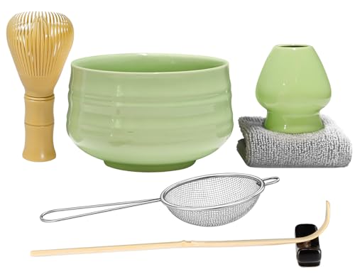 7pcs Matcha Set Matcha Whisk Set - Matcha Whisk Plastic Yellow Whisk Holder Matcha Bowl Scoop Sifter Absorbent Cloth - Japanese Tea Ceremony Set for Home Use or as a Gift Pale Green