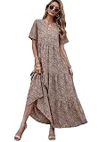 Floerns Damen Boho Ditsy Floral Kurzarm Rundhals A Linie Midikleid, mokkabraun, Mittel