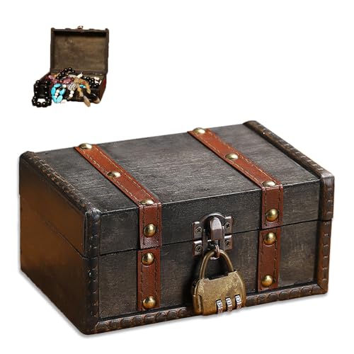 EVDZNA Coffre au trésor vintage en bois - 16,7 x 11 x 7,5 cm - Boîte de rangement en bois - Ancien noir - Boîte de rangement pour mot de passe - Mini coffre en bois pour rangement et décoration