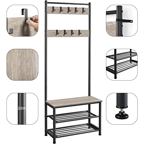 Yaheetech Appendiabiti a 3 Ripiani con Scarpiera Vintage, Attaccapanni Portabiti in Legno Altezza 185 cm, Appendiabiti Autoportante Salotto Grigio - Immagine 5