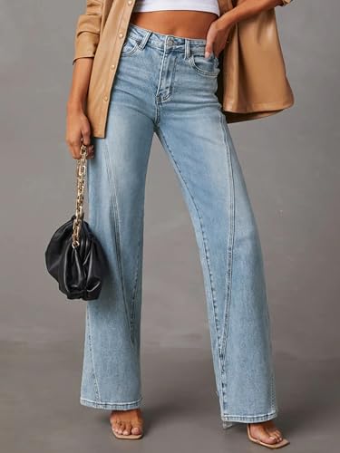 Women Womens Wide Leg Baggy Jeans High Waisted Straight Stretchy Denim Pants Seamed Long Trousers3