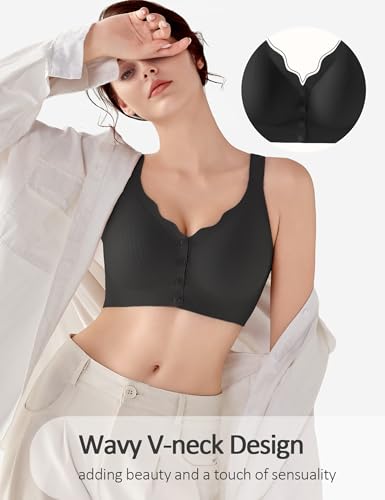 OXYIBRAS Front Closure Wireless Bras for Women Comfortable Support Padded Bralette Soft Post Surgery Everyday Bras Black S - Image 5