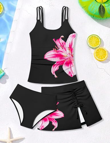 Image of Girls Swimsuit Tropical 3 Piece Tankini Adjustable Strap Bathing Suit Solid Modest Swimwear with Drastring Skirt 9-16y