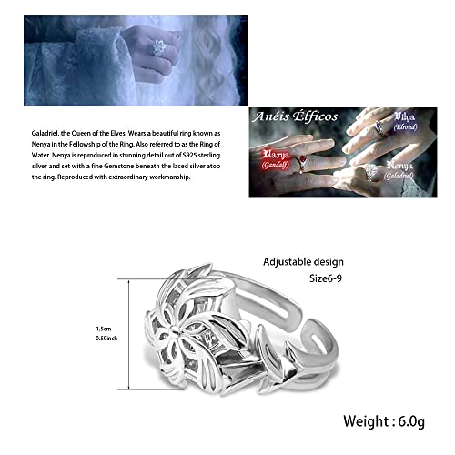 Bahamut Elven Queen Galadriel Nenya 925 Sterling Silver Flower Wedding Band Ring For Women Adjustable Open Rings Valentines Jewelry Gift (Light Silver, Adjustable) #TOP4
