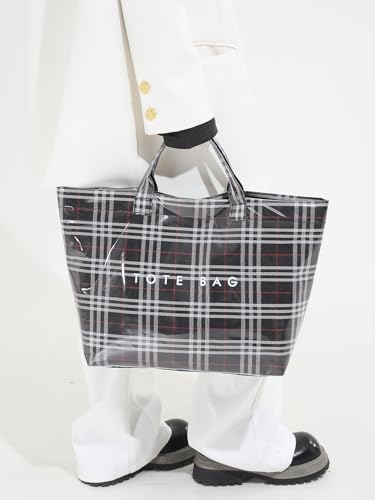Image of PVC Tote Bag Gifts for Women Large Tote Purse Kraft Paper Letter Print Hobo Handbags for Work Beach Shopping Travel