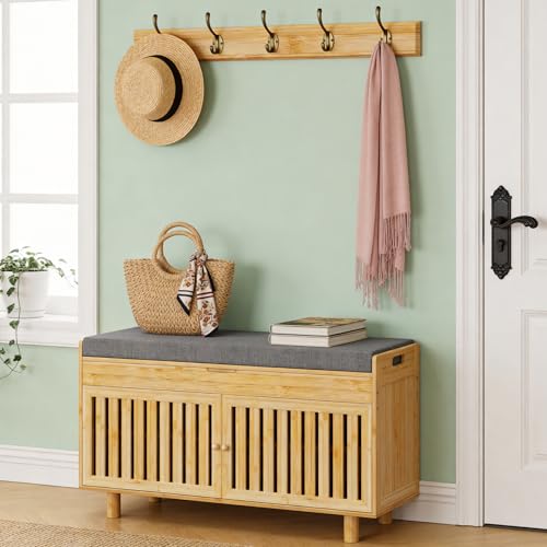 Shoe Storage Bench Coat Rack Set, 35.4' Bamboo Shoes Bench with Lift Top Hidden Storage & Wall...
