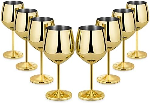 Lifecapido Stainless Steel Wine Glasses Set of 8, 18oz Stainless Steel Wine Goblets, Stemmed Metal Wine Glasses with Cup Brush for Party Office Wedding Anniversary, Great for Red White Wine (Gold)