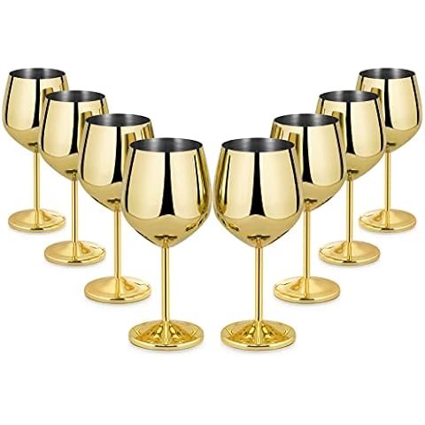 Lifecapido Stainless Steel Wine Glasses Set of 8, 18oz Stainless Steel Wine Goblets, Stemmed Metal Wine Glasses with Cup Brush for Party Office Wedding Anniversary, Great for Red White Wine (Gold) Cover
