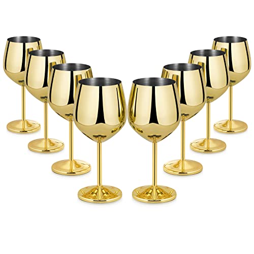 Lifecapido Stainless Steel Wine Glasses Set Of 8, 18Oz Stainless Steel Wine Goblets, Stemmed Metal Wine Glasses With Cup Brush For Party Office Wedding Anniversary, Great For Red White Wine (Gold) #TOP3
