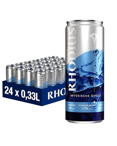 RHODIUS – Mineralwasser mit Kohlensäure versetzt 24 x 330ml Dosen – Prickelndes Wasser aus der 500 m tiefen Quelle der Vulkaneifel – Sprudelwasser in der Getränkedose, reich an Mineralien & Magnesium