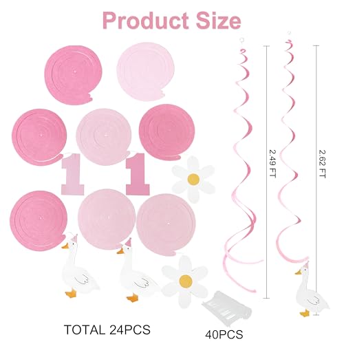 Image of 24Pcs Pink One Silly Goose Hanging Swirl Decorations Daisy Felt Swirl Streamer Spiral Ceiling Garland for Silly Goose Themed First Birthday Happy 1st Birthday Party Supplies