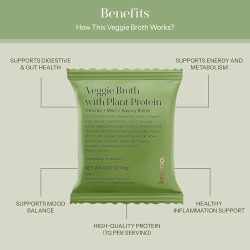 Image of Kroma Vegan Vegetable Broth Powder w / Plant Protein 7 Servings Travel Packs, 4.5 Oz - Red Miso Blend, Vegetables, Turmeric & Chocho Plant Protein Vegetable bouillon powder- Non-GMO Veg Stock - Makes Nourishing Soups and Stews
