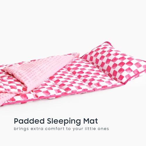 Image of Wake In Cloud - Toddler Nap Mat with Pillow and Minky Fleece Blanket, for Kids Boys Girls Ages 3 Plus in Daycare Preschool, Roll Up Sleeping Bag, Gingham Grid Checkered, Hot Pink White, Standard