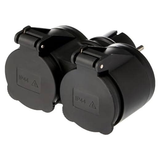 Electraline 55074, Adaptador para exteriores 2 enchufes Schuko, Resistente al Agua IP44, Enchufe alemán, Regleta 2 enchufe con Tapón, Negro