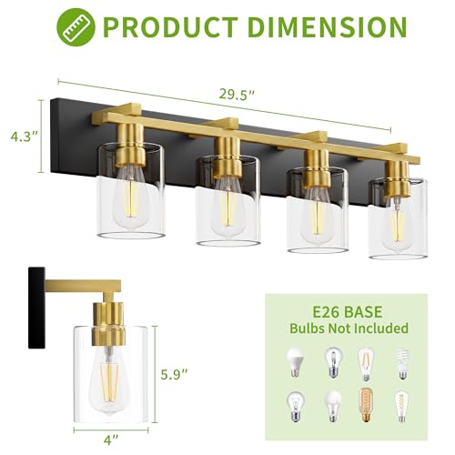 Image of Bathroom Vanity Light,4 Light Matte Black and Gold Light Fixture with Thickened Clear Glass Shade, 30 inch Modern Wall Sconce, Bathrooms Vanity Light Over Mirror for Bathroom