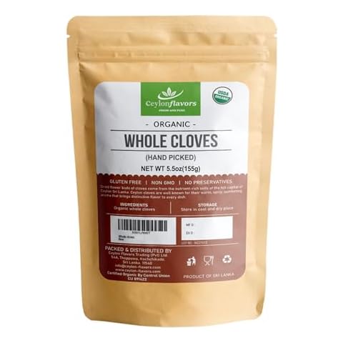 CEYLONFLAVORS FRESH AND PURE Organic Premium Hand Picked Whole Cloves 5.5 oz (155g) Premium Grade, Harvested & Packed from a USDA Certified Organic Farm in Sri Lanka (Stand up resealable Pouch) Cover
