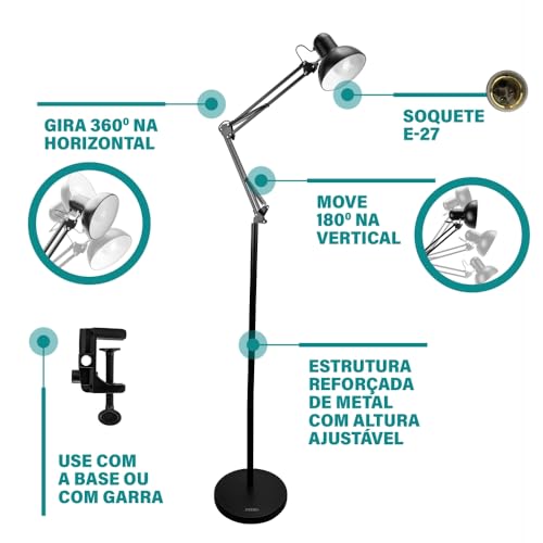 Luminária de Chão Articulada Abajur Regulável Artiko Pixie+ Com Base E Garra
