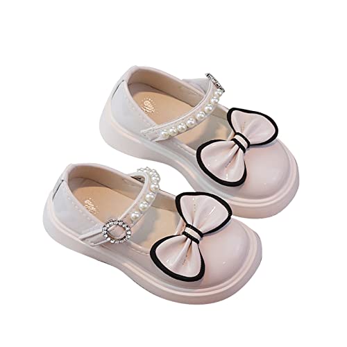 Little Girl's Leather Dress Shoes Princess Bow Shiny Pearl Fairy Shoes for Toddler Girls Kids Slip on Shoes