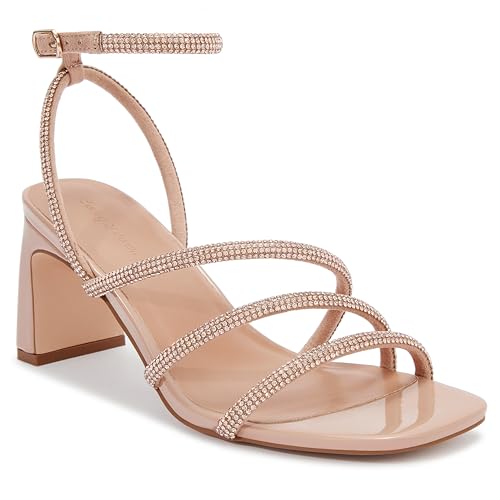 CosyFever Womens Rhinestone Sandals Ankle Strap Square Toe Dressy Heels Shoes for Party Wedding Dressy Dating