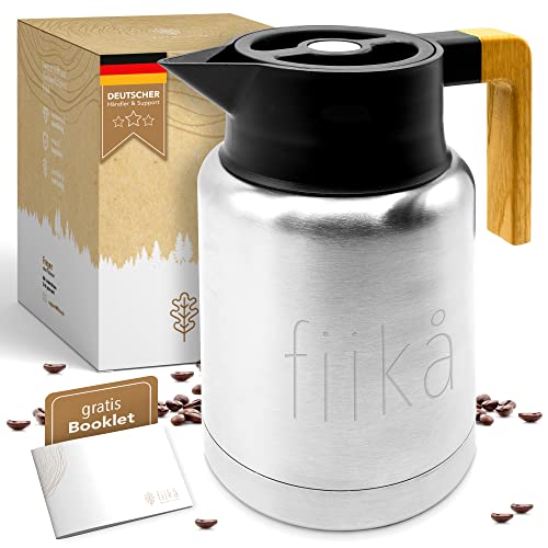 fiika Thermoskanne 1,5 Liter aus doppelwandigem Edelstahl 304 - Isolierkanne Silber mit Holzgriff Eiche und tropffreiem Ausguss - vakuumisolierte Thermoflasche groß mit Druckverschluss Cover
