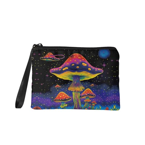 GLENLCWE Galaxy Purple Mushroom Canvas Coin Purse for Women Girls Lightweight Halloween Coin Pouch with Handle