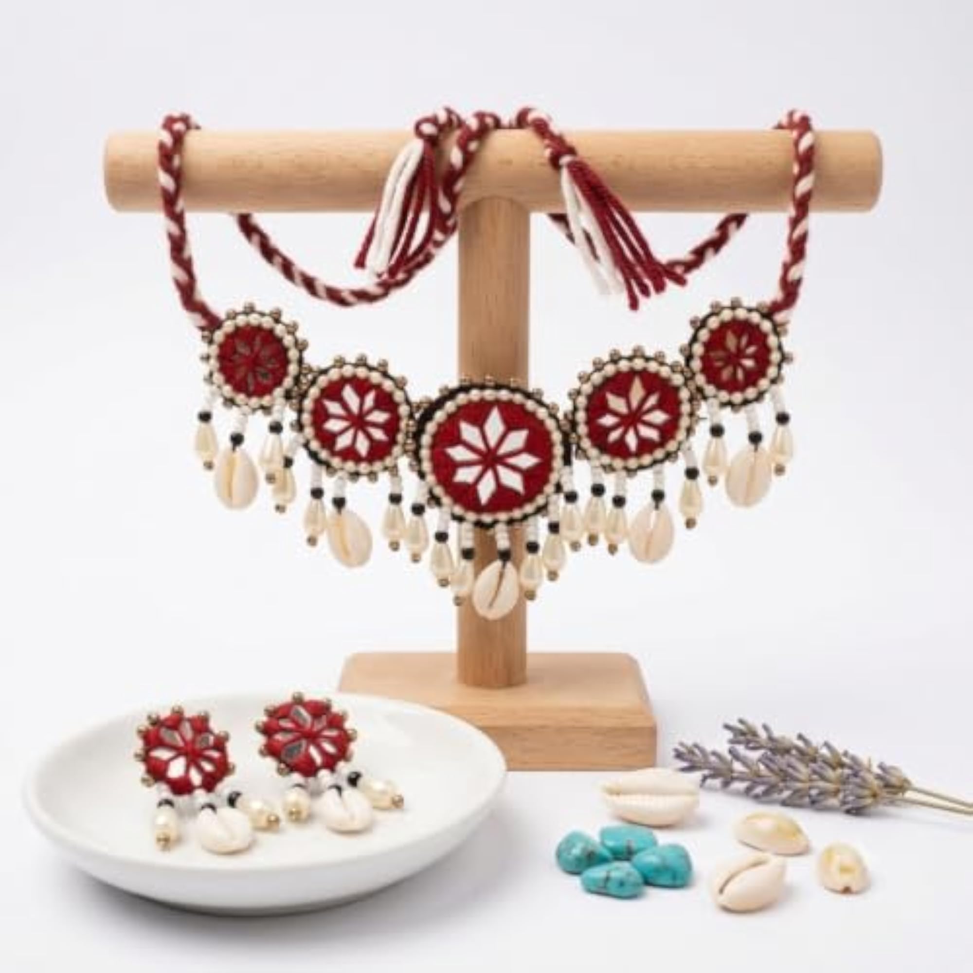 Handcrafted Maroon Traditional Mirror & Woolen Thread Jewelry Set for Women